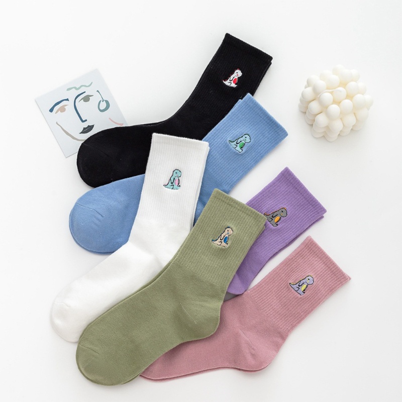 XIXI Vớ cotton cổ cao màu trơn thêu hình khủng long dễ thương phong cách Harajuku Nhật Bản cho nữ