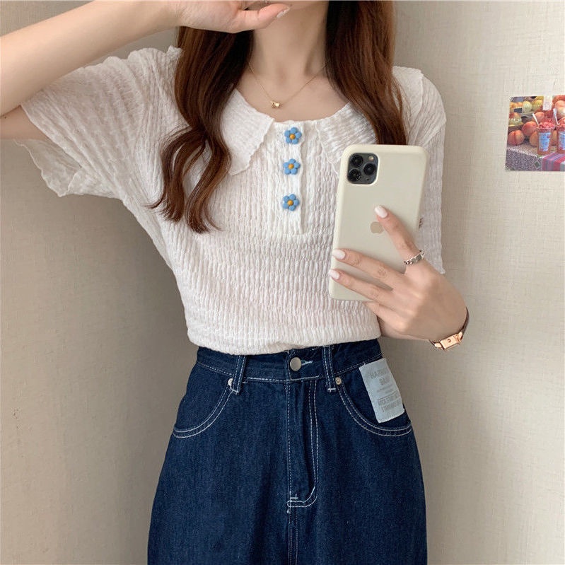 Áo thun tay ngắn cổ búp bê nút hoa phong cách Hàn Quốc thời trang cho nữ áo phông nữ