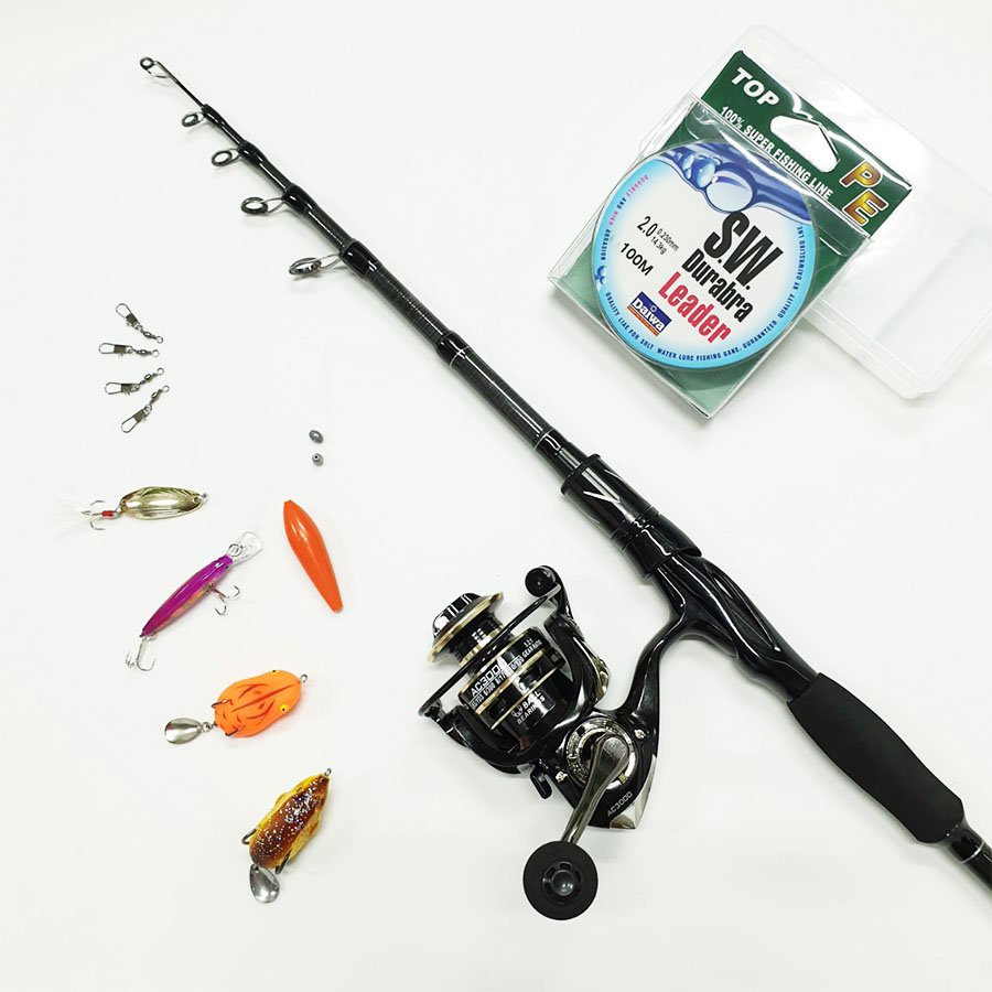 Bộ cần câu lure máy Đứng JD rút gọn 60cm làm từ carbon kèm máy Deukio AC3000 và hộp mồi lure BCM14