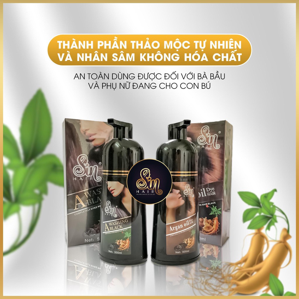 Dầu gội phủ bạc Sin Hair tinh chất nhân sâm nhuộm tóc màu đen cho tóc bạc sau sinh, do tuổi tác 500ml