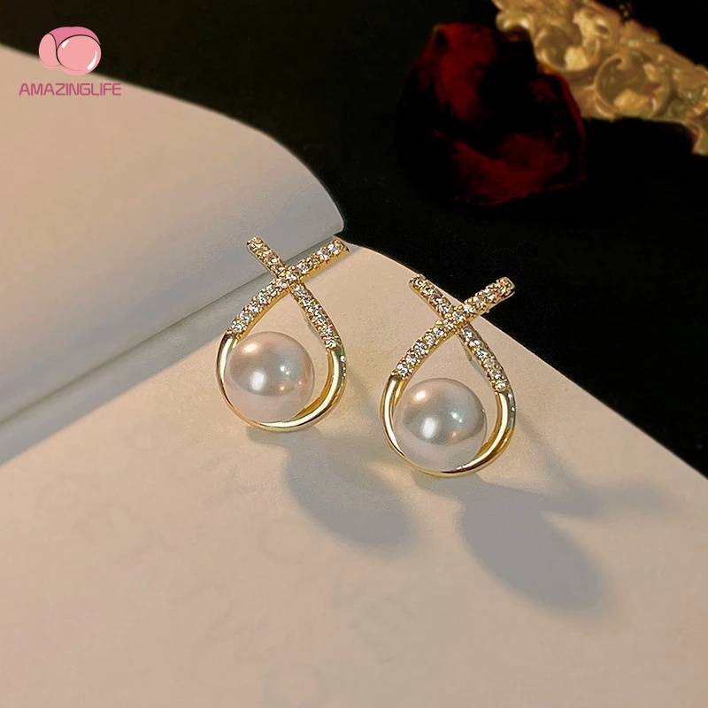 Khuyên Tai Đính Hạt Ngọc Trai / Đá Giả Kim Cương / Ngọc Trai Hình Chữ Thập Thanh Lịch Cổ Điển Cho Tiệc Cưới