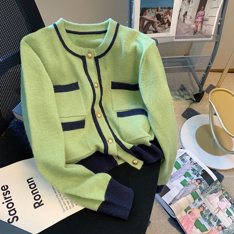 Áo Khoác Sweater Dệt Kim Dáng Ngắn Phối Màu Tương Phản Kiểu Retro Thời Trang Mùa Thu Cho Nữ