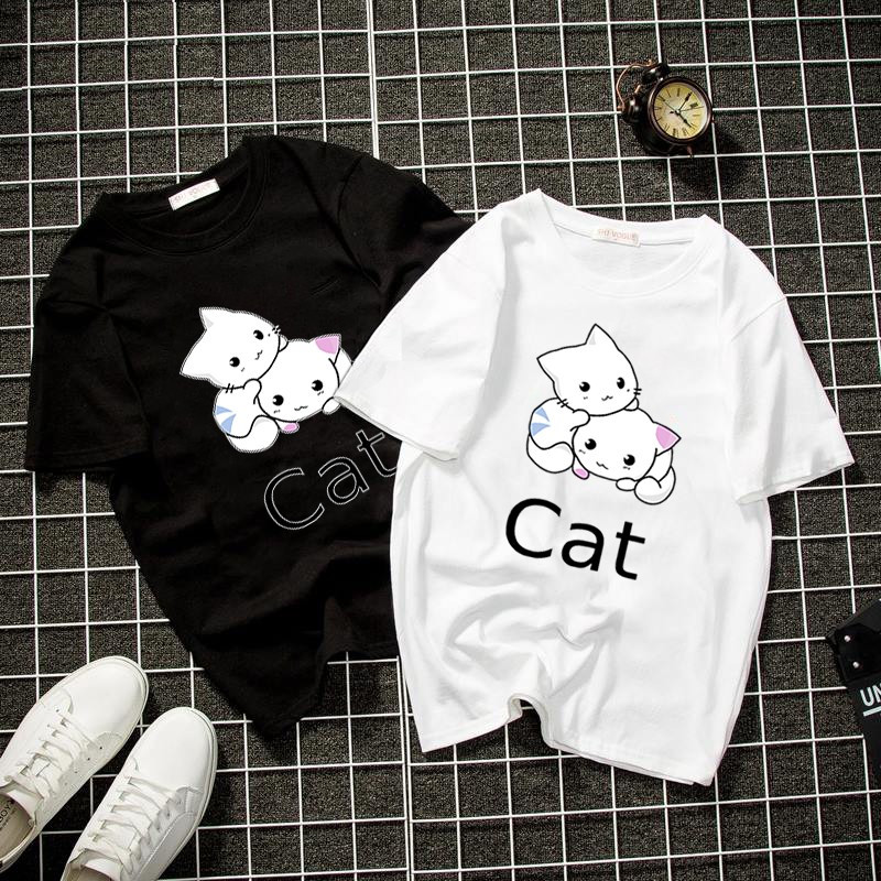 Áo thun unisex form rộng 2 con mèo đáng yêu thời trang cá tính vải dày mịn 2019T1325