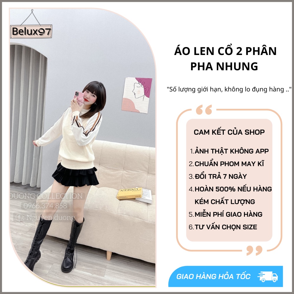 Áo len nữ BELUX cổ 2 phân hàn quốc, chất liệu len cao cấp tay phối họa tiết cách điệu phù hợp mặc bên trong, dày ấm Q01
