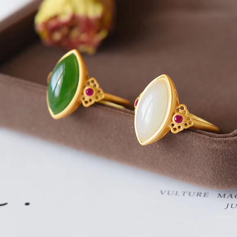 Nhẫn mạ bạc S925 đính đá ngọc bích Hetian/ ngọc trắng Jasper nhân tạo có thể điều chỉnh