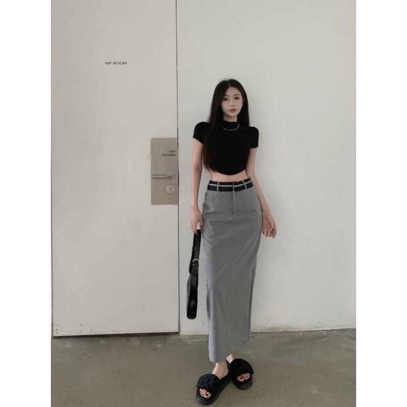 Set áo croptop và chân váy dài xẻ tà cạp cao bo eo Aki đủ size