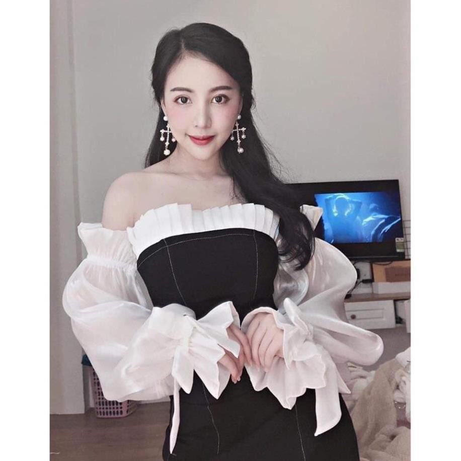 Đầm dự tiệc trễ vai tay voan sang trọng thanh lịch | BigBuy360 - bigbuy360.vn