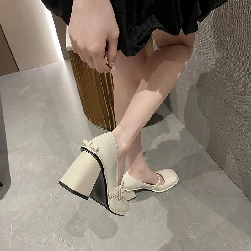 Giày Cao Gót Da Bóng Mũi Tròn Phong Cách Hàn Quốc Cho Nữ