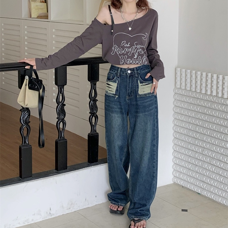 Quần Jean Dài Dáng Rộng Ống Suông Phối Vải Rách Thời Trang Mùa Thu