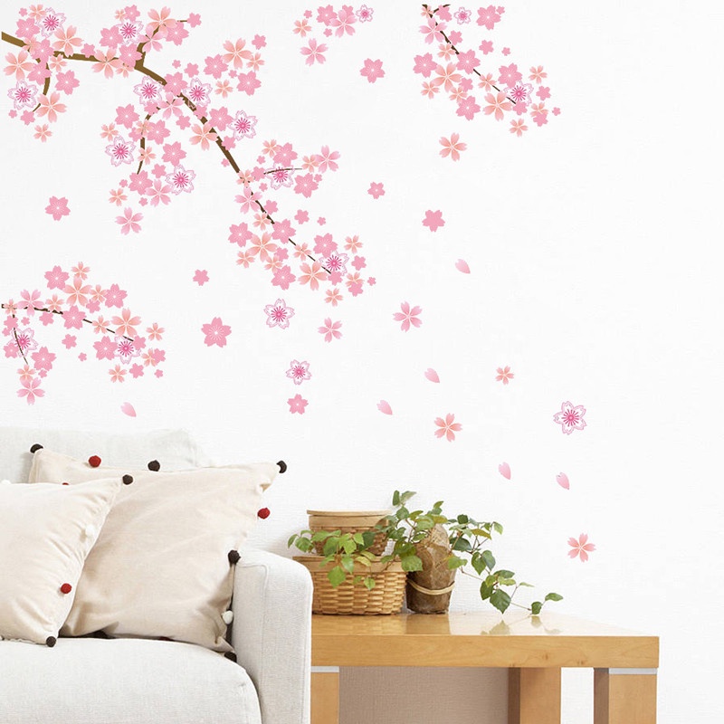 Set 2 Miếng Dán Tường Trang Trí Phòng Ngủ TV Bằng PVC Họa Tiết Cây Hoa Anh Đào Màu Hồng Lãng Mạn Diy