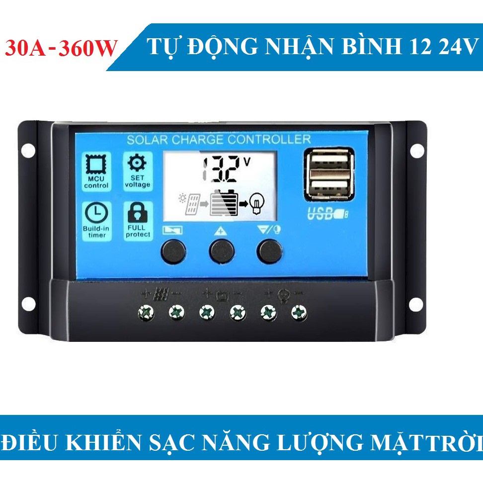 Bộ điều khiển sạc năng lượng mặt trời 30A tự động nhận bình 12V 24V
