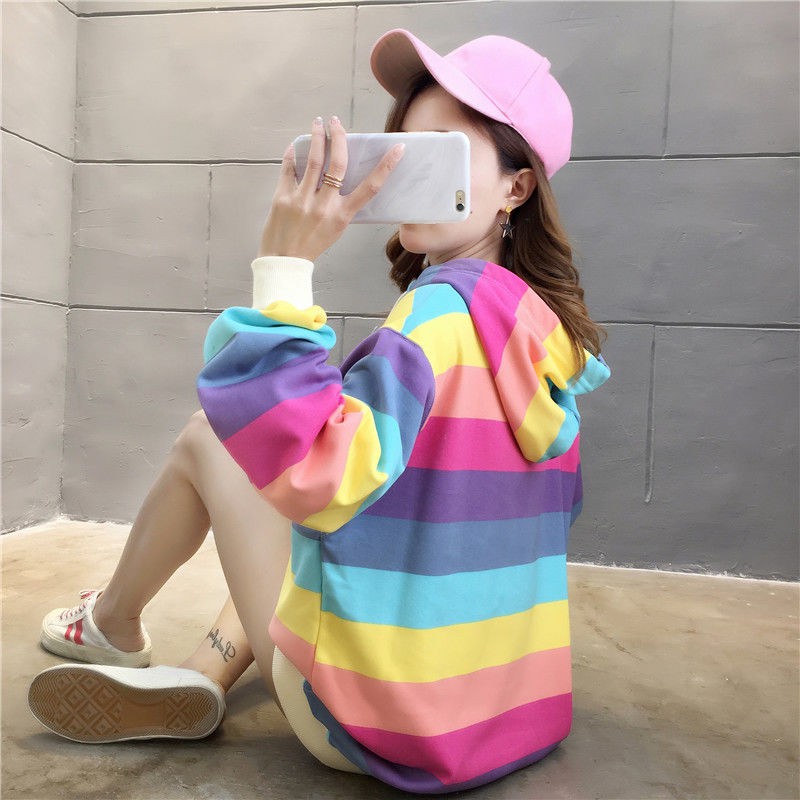 ⚡Cầu Vồng⚡ Áo Hoodie Dài Tay Họa Tiết Sọc Cầu Vồng Cho Cặp Đôi