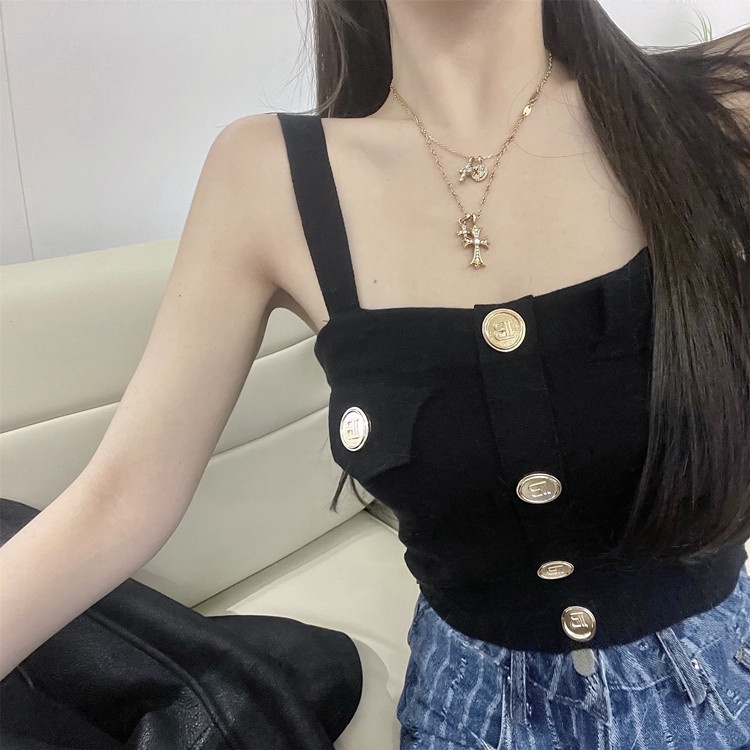Áo Lửng Dệt Kim Sát Nách Ôm Dáng In Chữ Phối Nút Gợi Cảm Cho Nữ
