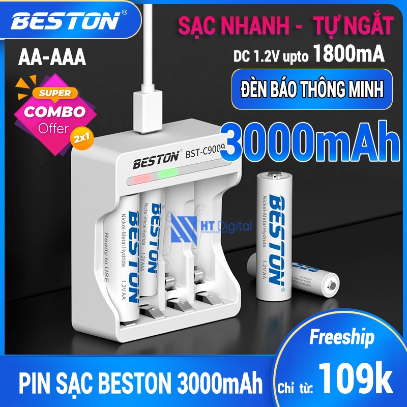 Bộ 4 pin sạc AA 3000mAh kèm sạc C9009 Tự ngắt khi đầy Sạc Tốc Độ Cao Có Led báo trạng thái sạc