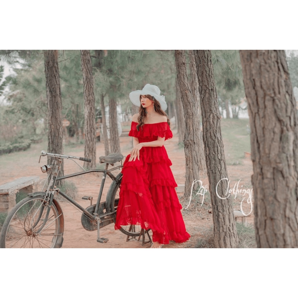 Mẫu Đầm Thiết Kế Hợp Thời Trang --- Đầm Maxi Voan Tầng Trễ Vai Đẹp Y HÌnh UP