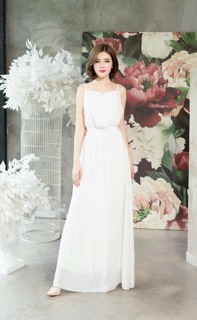 Đầm Maxi Trắng Dây Chéo Cổ Đổ