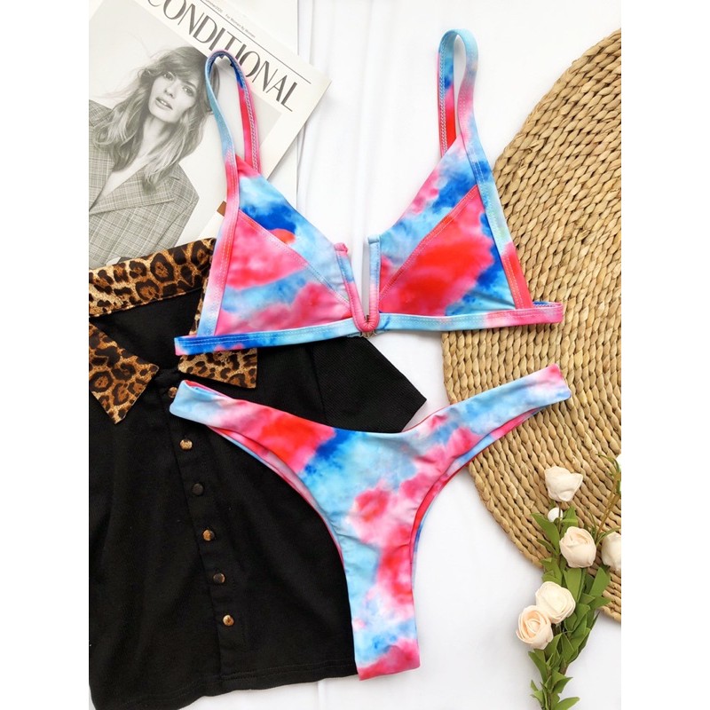 [BKN777] &lt;ÂU&gt; SET BIKINI CỔ V LOANG XANH ĐỎ QUẦN THONG/LỌT KHE