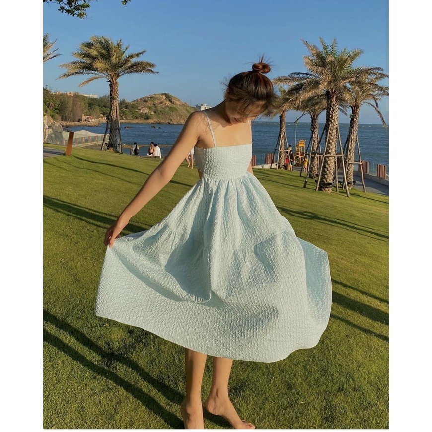 Đầm Cutout 💖DEMISS💖 Váy Babydoll Xanh Hai Dây Cutout Lưng Dáng Dài Dễ Thương - V-Xanh-244