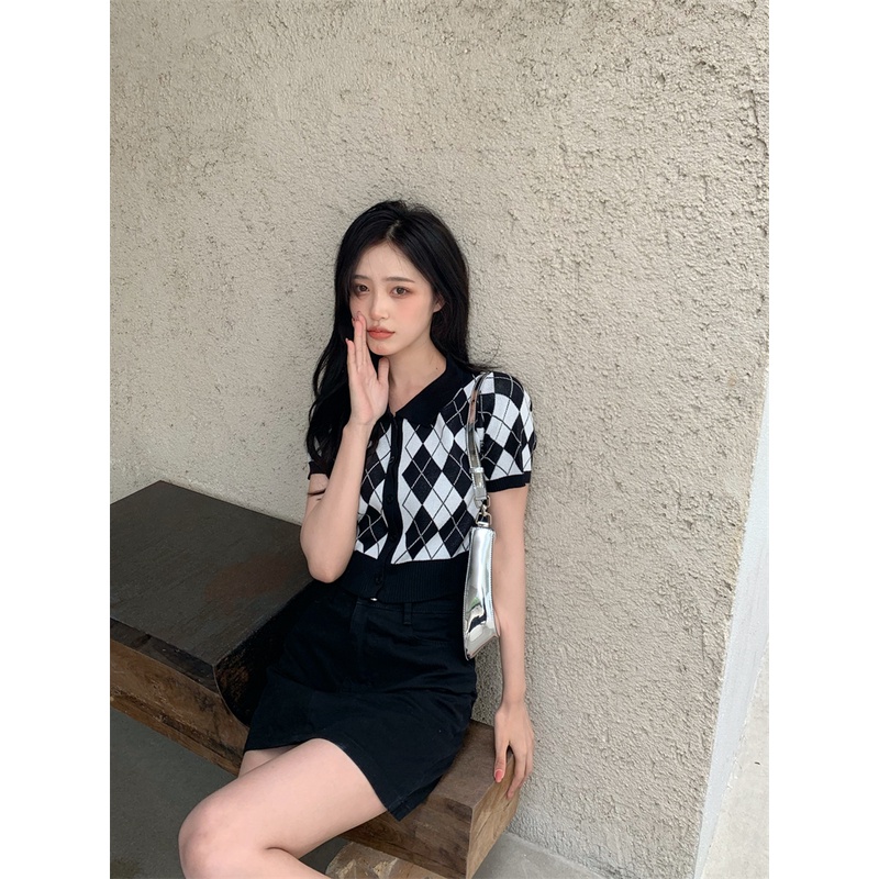Cocory vn Áo Cardigan Dệt Kim Tay Ngắn Cổ Bẻ Kẻ Sọc Phong Cách Hàn Quốc Cho Phụ Nữ