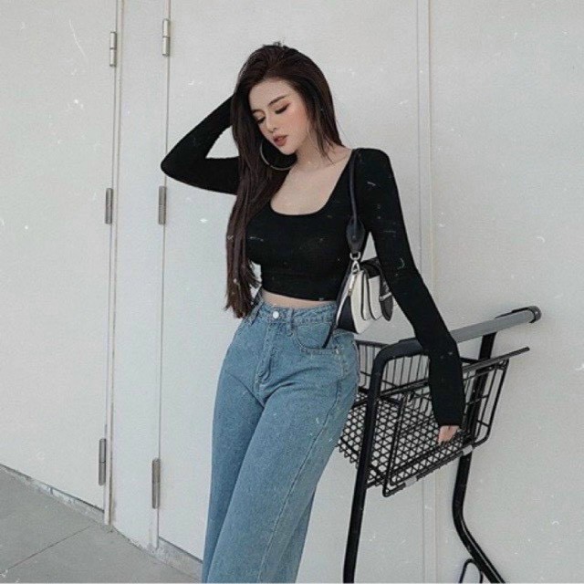 Áo kiểu tay dài croptop ôm dáng cổ vuông chất bozip đẹp