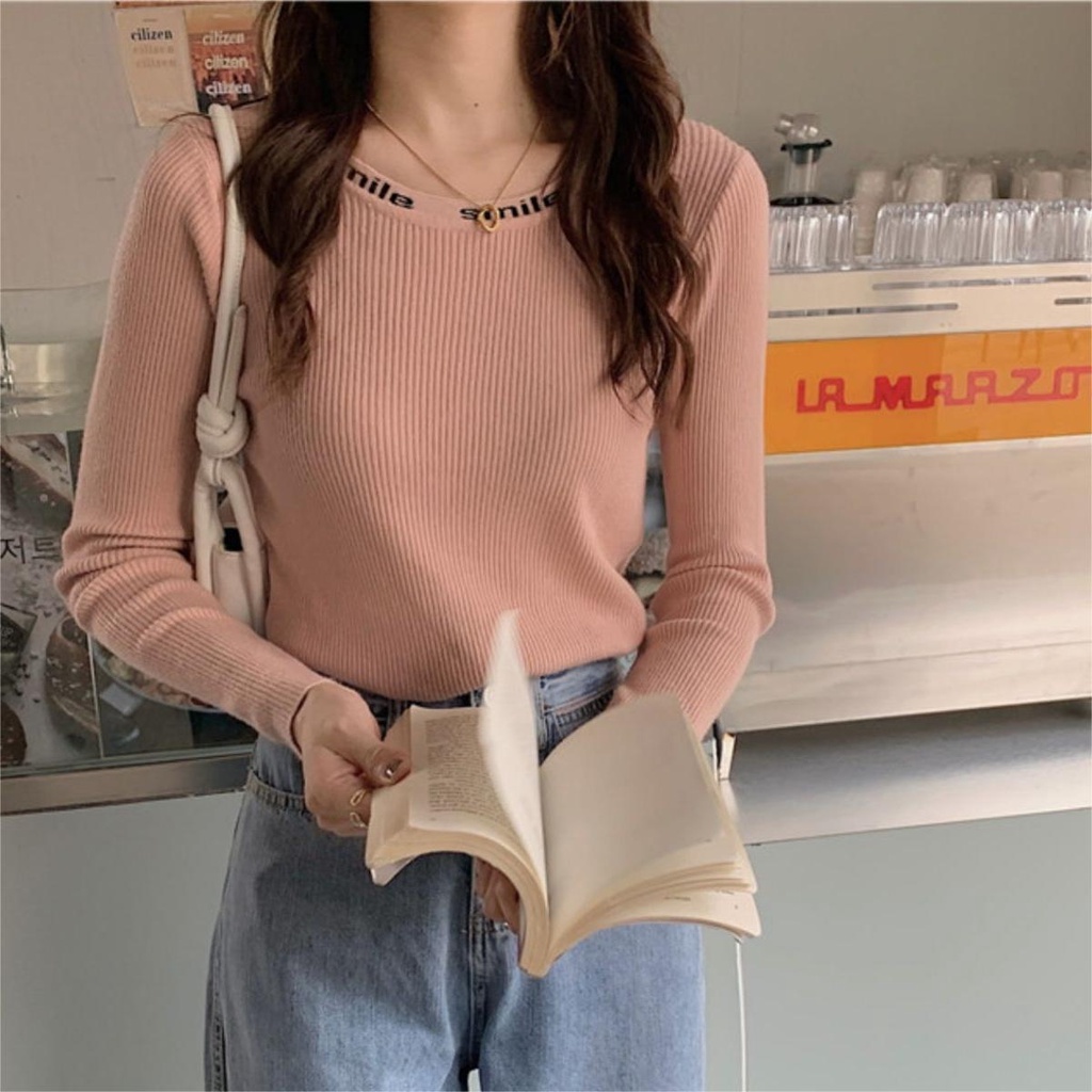 【ZHELIHANGFEI】Áo Dệt Kim Tay Dài Thêu Chữ Cá Tính Trẻ Trung Hợp Thời Trang