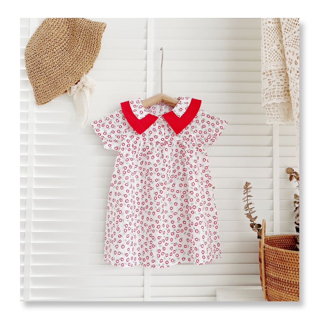 Váy hè cộc tay hoa nhí cổ phối màu cho bé 8-23Kg  - Chất thô hoa mỏng mát