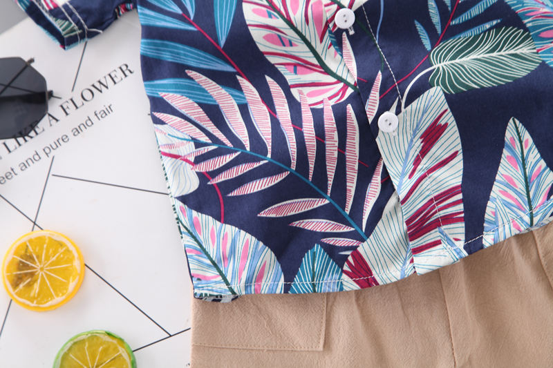 Set Áo Sơ Mi Tay Ngắn Phối Quần short Họa Tiết Lá Thời Trang Mùa Hè Cho Bé Trai