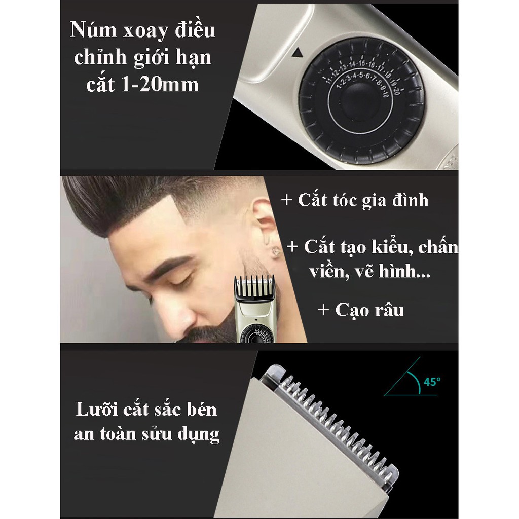 Tông đơ cắt tóc cạo viền, tạo kiểu chuyên nghiệp VGR, dùng pin sạc, lược giới hạn 1-20mm