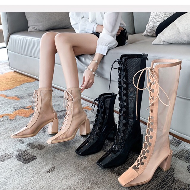 Boots lưới đan dây cổ cao và cổ ngắn gót vuông cao 7,5cm