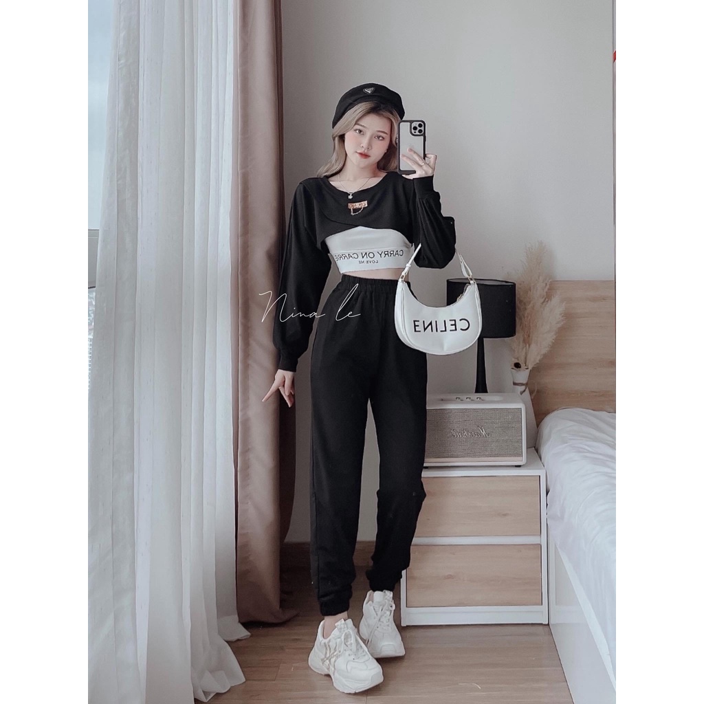 Set bộ đồ thể thao nữ 3 món áo croptop mix áo bra phối quần ống đứng dành cho các nàng thích trẻ trung, năng động