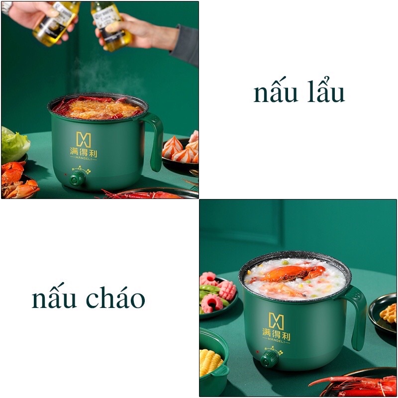 Nồi lẩu điện đa năng chống dính 2 nấc nhiệt kèm giá hấp có tay cầm 18 cm - Nồi lẩu hấp 2 tầng, ca nấu mì, nấu cơm 1,8L