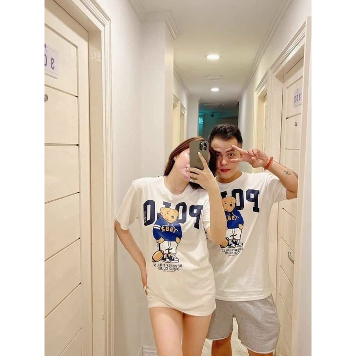 A998- ÁO PHÔNG ĐÔI NAM NỮ TRẮNG IN GẤU POLO
