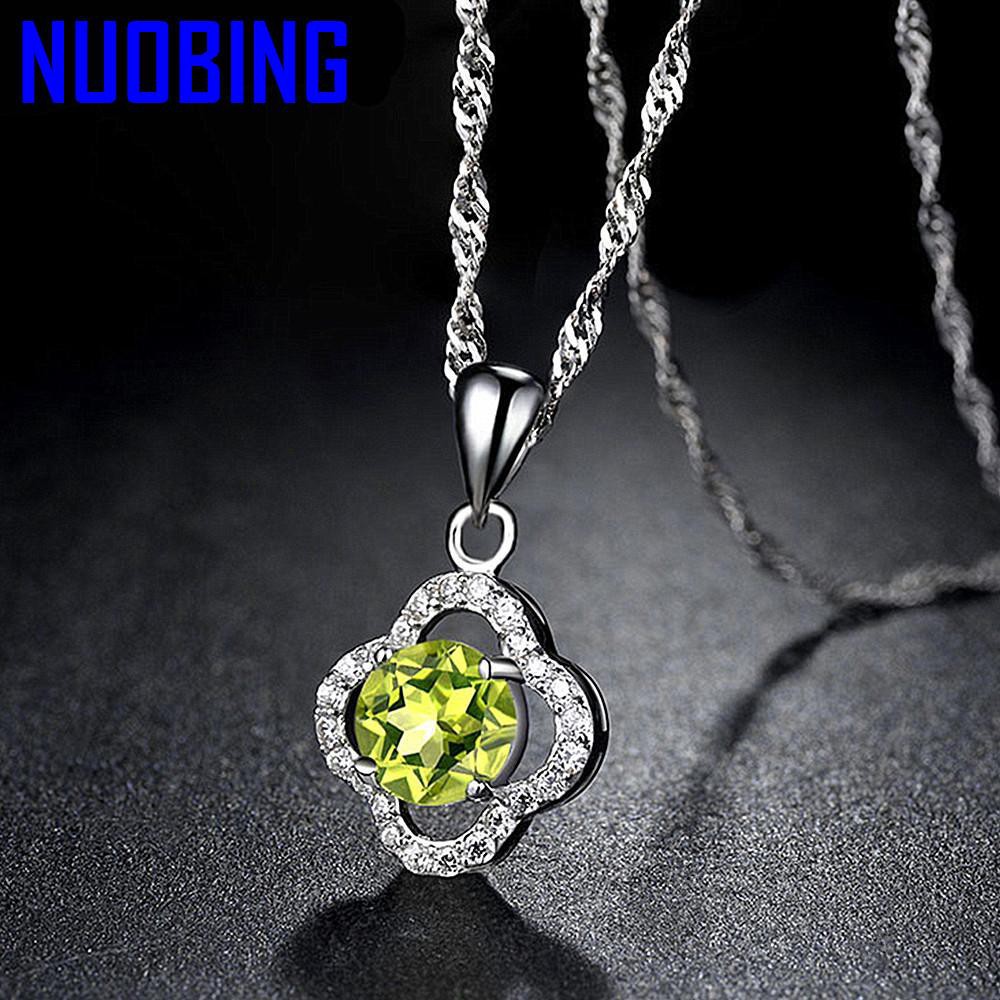 Fashion Lucky Clover Olive Crystal Peridot Gemstones Diamonds Pendant Necklaces For Women White Gold Silver Color Choker Jewelry|Pendants|
