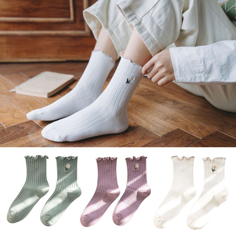 Youyo Đôi Vớ Ngắn Tới Mắt Cá Chân Có Gân Thêu Hoa Cúc Dành Cho Bạn Nữ