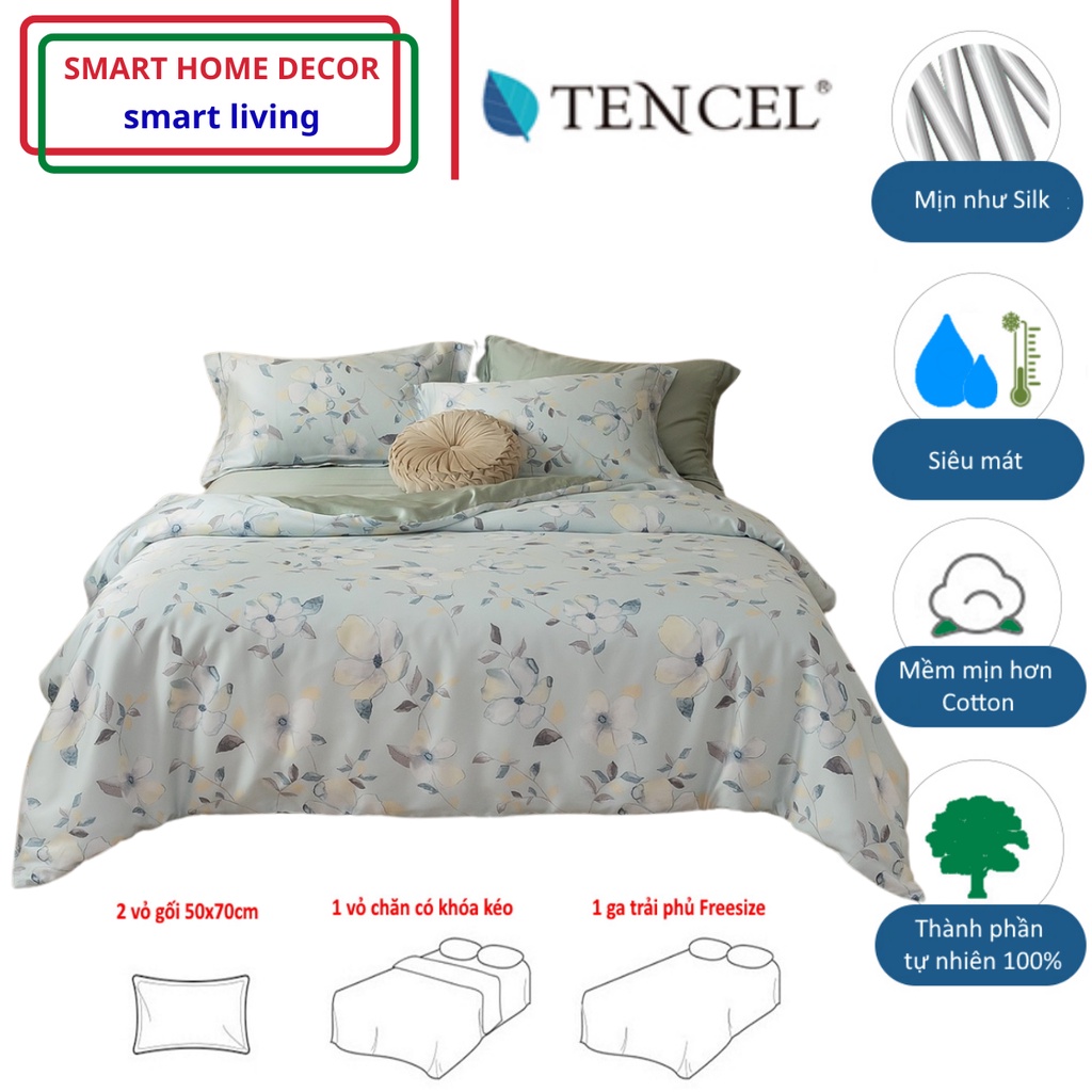 Bộ chăn ga gối cao cấp 100%Tencel 60s, Họa tiết Hoa sứ, chất liệu siêu mềm mát mịn, chống nhăn