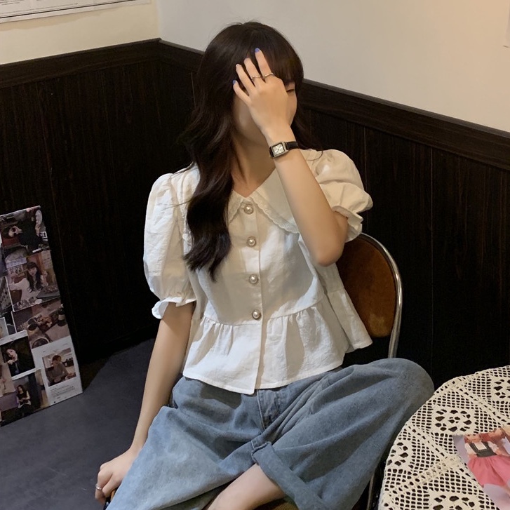 Áo Sơ Mi Tay Ngắn Phồng Cổ Búp Bê Phong Cách Pháp