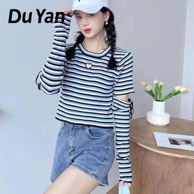 Áo Thun Nữ Ngắn Tay Cổ Tròn Sọc Ngang Thời Trang Hàn Mới