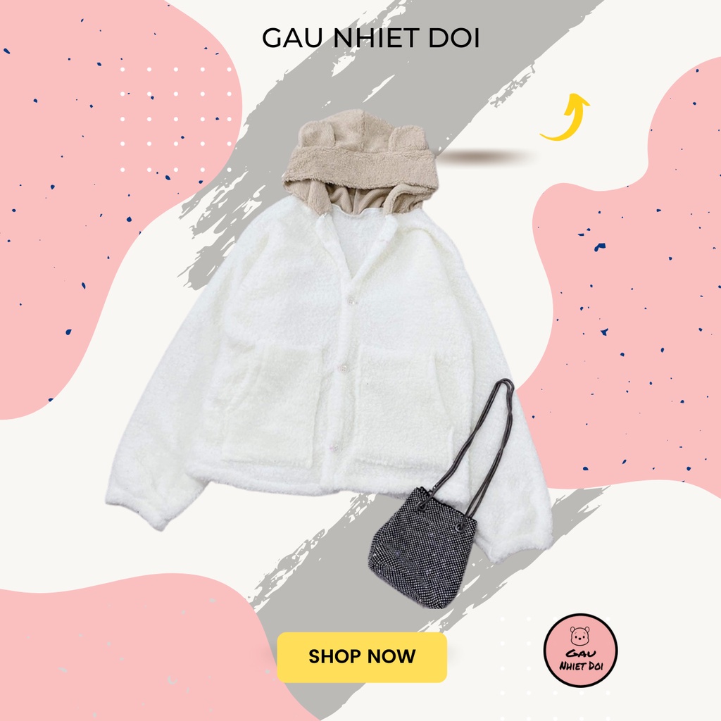 [Gấu Nhiệt Đới] Áo Khoác Lông Cài Khuy Mũ Trùm Tai Gấu Nâu Freesize