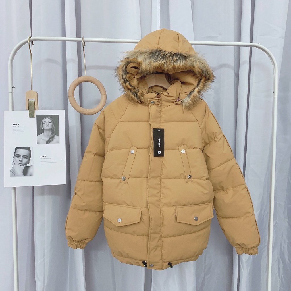 [ảnh thật-sẵn] Áo phao mũ lông nâu túi hộp cúc bấm | BigBuy360 - bigbuy360.vn