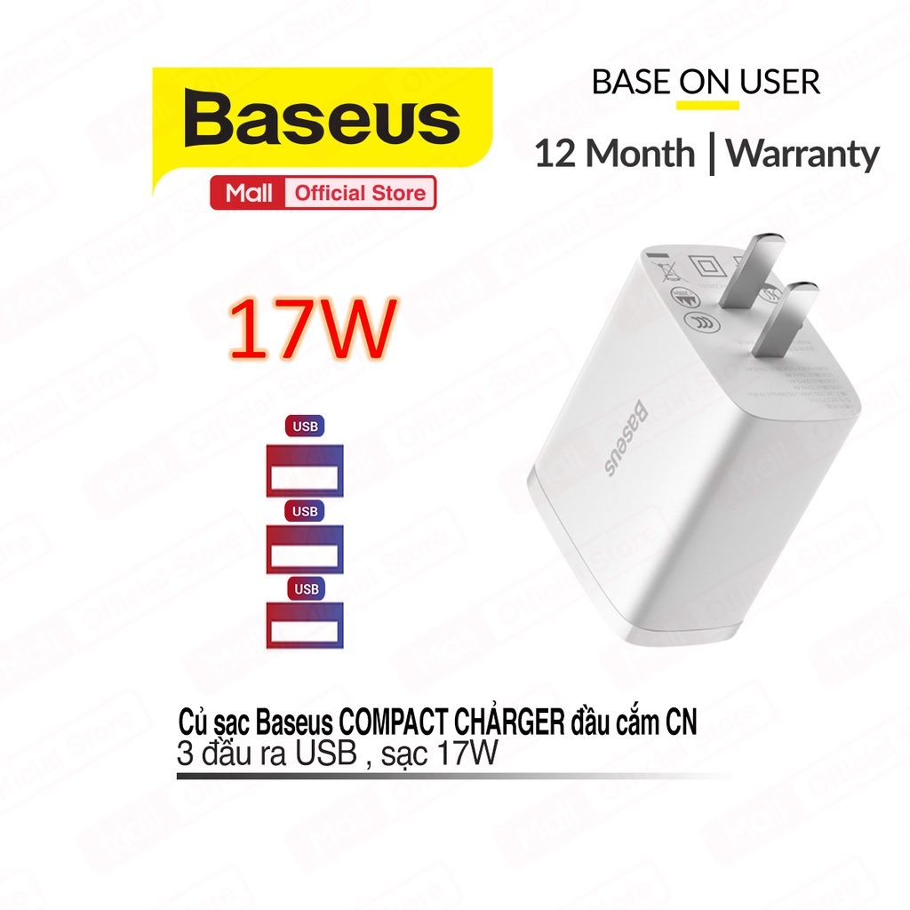 Củ sạc nhanh Baseus Compact Charger 3 cổng USB 17W chân cắm dẹt chất liệu chống cháy cao cấp