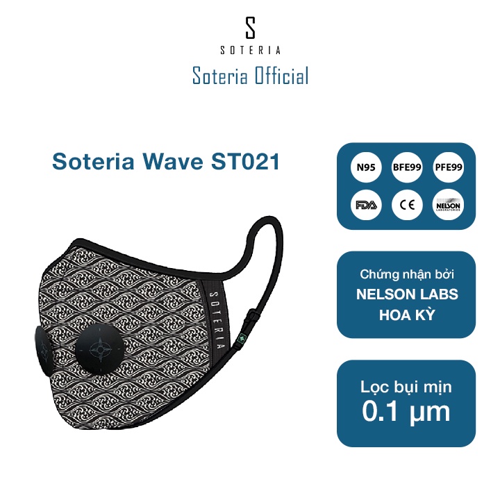 Khẩu trang tiêu chuẩn Quốc Tế SOTERIA Wave ST021 - Bộ lọc N95 BFE PFE 99 lọc đến 99% bụi mịn 0.1 micro- Size S,M,L