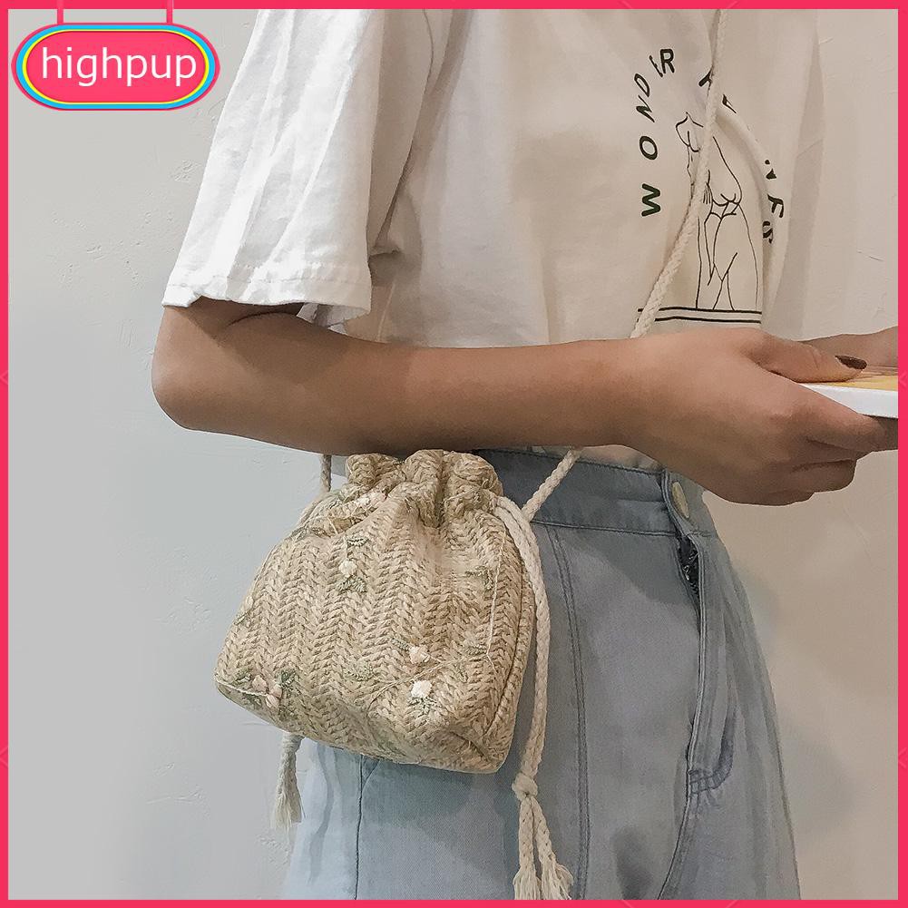 Túi đeo chéo kiểu đan dệt có dây rút thêu họa tiết hoa thời trang dành cho nữ