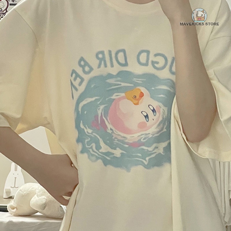 Áo thun tay ngắn dáng rộng vải cotton in hình Kirby thời trang mùa hè dành cho nữ sinh