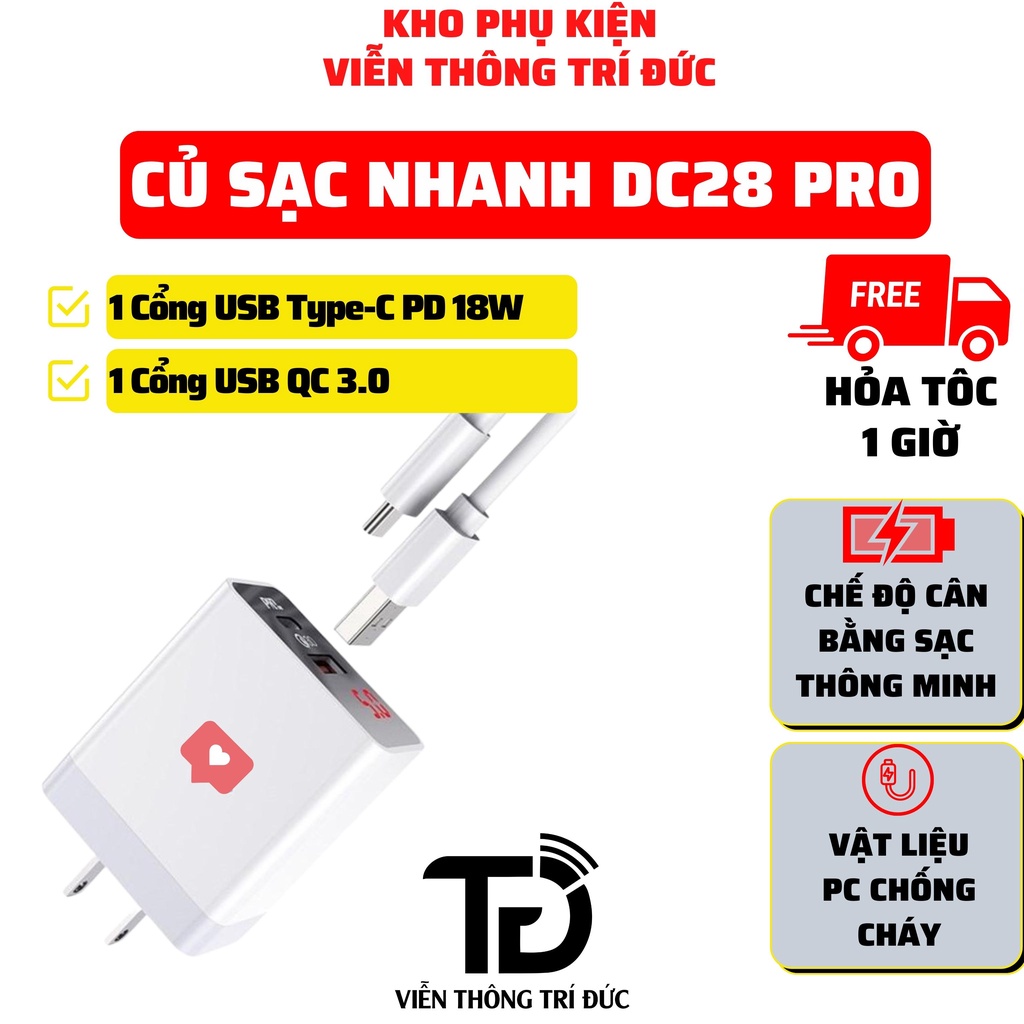 Sạc Nhanh Ho.co DC28 Pro 2 USB [USB Type-C PD 18W &amp; USB QC3.0], Sạc nhanh cho nhiều loại Smartphone