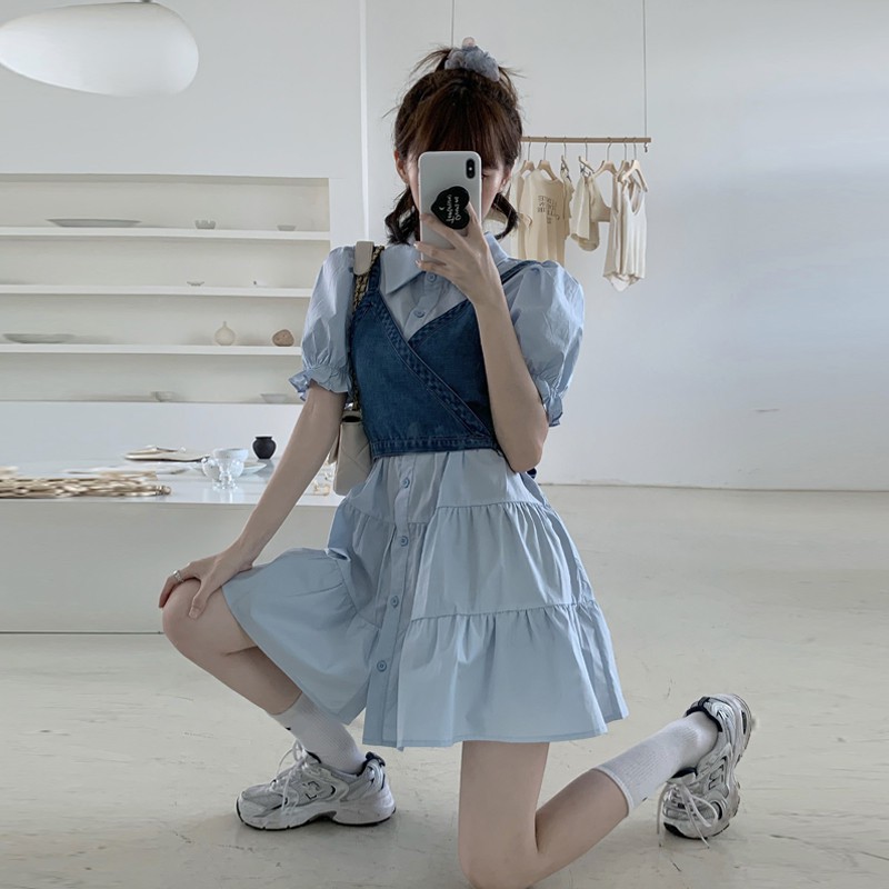 Xiaozhainv Đầm tay phồng/Áo hai dây vải denim kiểu retro xinh xắn cho bạn gái | BigBuy360 - bigbuy360.vn