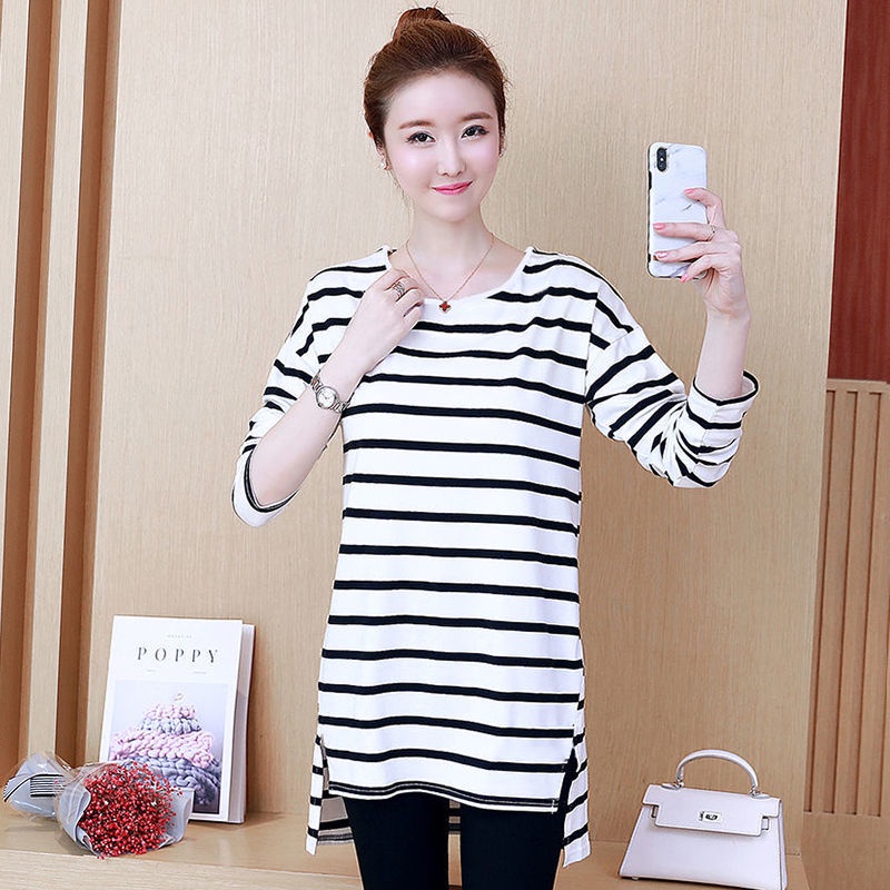 Áo Thun Tay Dài Kẻ Sọc Plus Size Thời Trang Thu Đông Cho Nữ Trung Niên