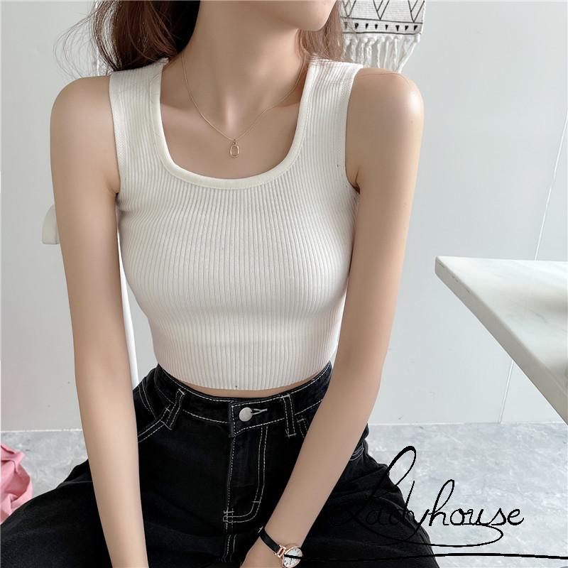 Áo Croptop Dệt Kim Không Tay Màu Trơn Ôm Dáng Xinh Xắn Cho Nữ