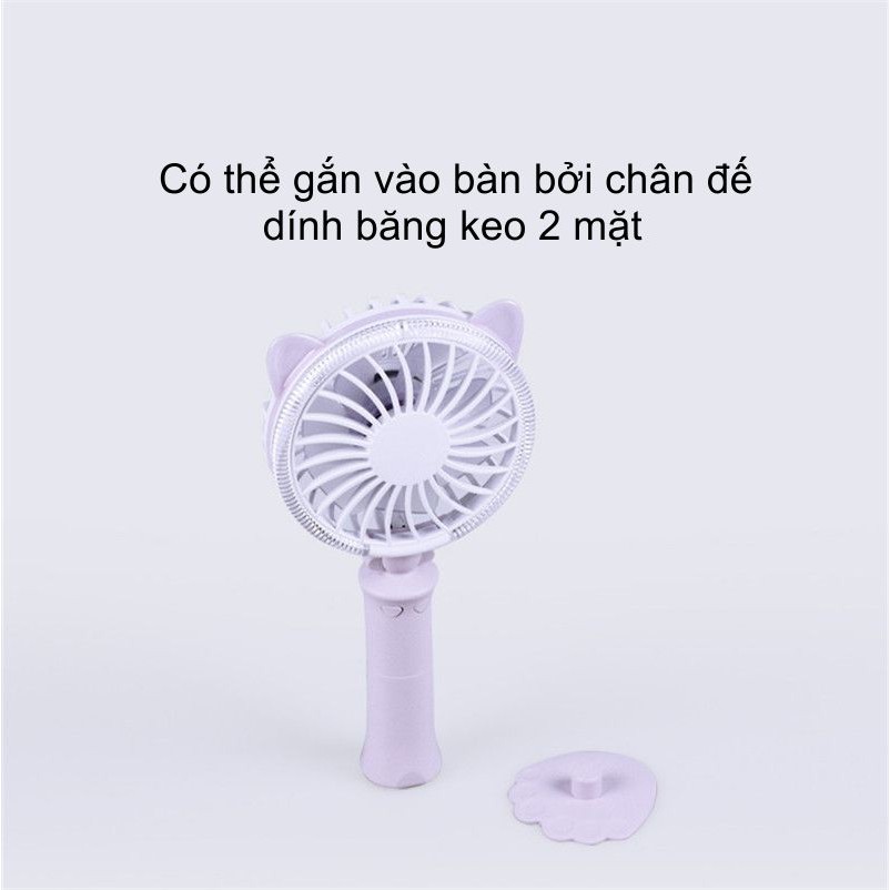 Quạt mini cầm tay sạc điện USB dáng con Mèo có đèn LED đổi màu có thể để trên bàn