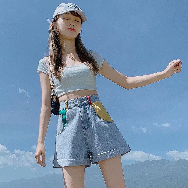 Quần đùi IELGY denim lưng cao ống rộng size lớn thời trang dành cho nữ