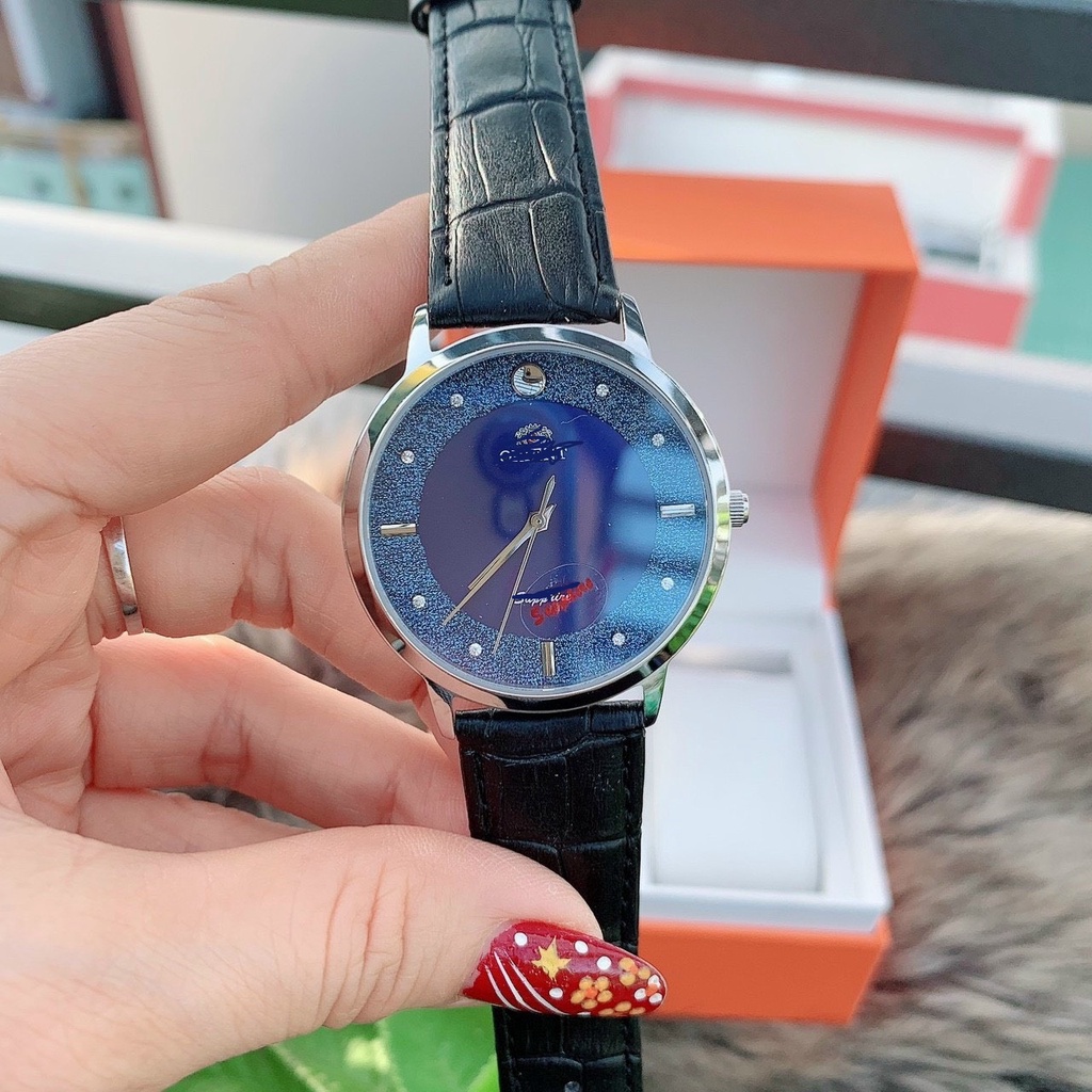 Đồng hồ đôi nam dây da ORT38 mặt xanh đỏ viền bạc vàng dây nâu đen chống nước